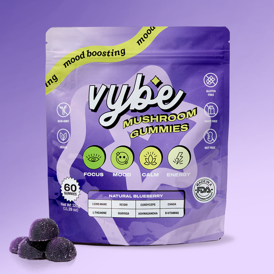 Vybe Mushroom Gummies – 8-in-1 functional mushroom supplement for focus, mood, calm, and energy.
